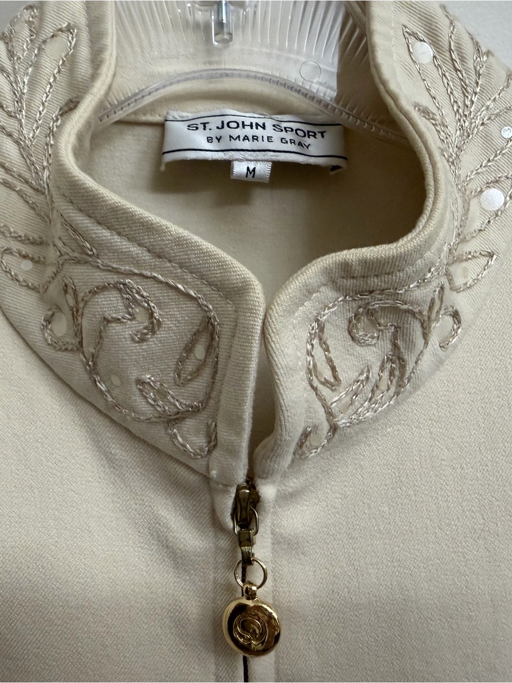 St. John Sport by Marie Gray Cream Embroidered Zip Jacket with Gold Charm